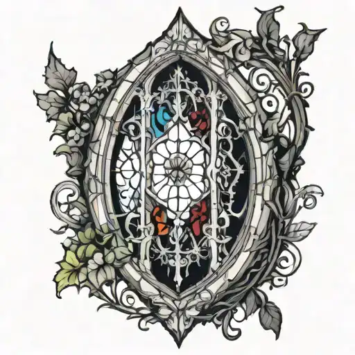 Gothic black and White cathedral Window with colored stained glass and vines  tattoo design idea