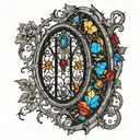 Gothic black and White cathedral Window with colored stained glass and vines  tattoo design idea