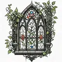 Gothic black and White cathedral Window with colored stained glass and vines  tattoo design idea