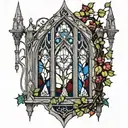 Gothic black and White cathedral Window with colored stained glass and vines  tattoo design idea