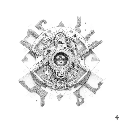 A dotwork tattoo of an intricate mechanical gear combined with musical notes tattoo design idea