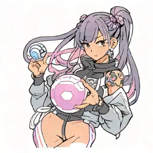 black straight hair latina girl with pink highlights dressed in black track suit holding a purple orb valorant reyna tattoo design idea