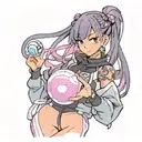 black straight hair latina girl with pink highlights dressed in black track suit holding a purple orb valorant reyna tattoo design idea