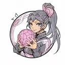 black straight hair latina girl with pink highlights dressed in black track suit holding a purple orb valorant reyna tattoo design idea