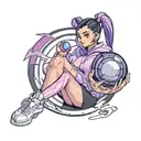 black straight hair latina girl with pink highlights dressed in black track suit holding a purple orb valorant reyna tattoo design idea