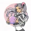black straight hair latina girl with pink highlights dressed in black track suit holding a purple orb valorant reyna tattoo design idea