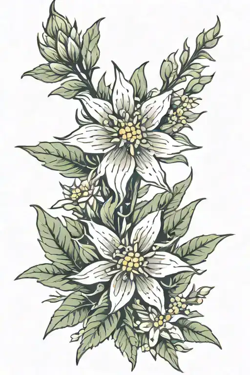 edelweiss blossom on long north arrow tattoo design idea