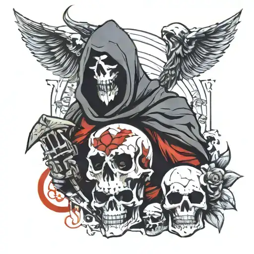 Reaper,Ace card, Maverick, Oni mask, Skull, in a line  tattoo design idea