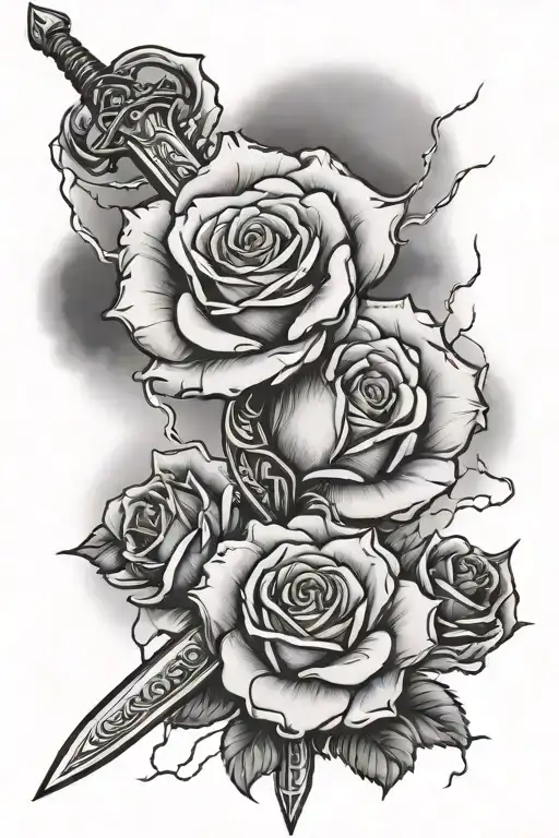 Rose on a sword, in the sky with lightning storm tattoo design idea