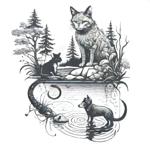 A whimsical design of a cat and dog fishing together in a magical forest pond tattoo design idea