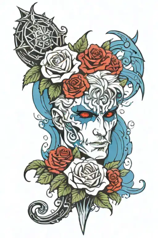 red and blue nero devil may cry devil arm with roses cascading tattoo design idea