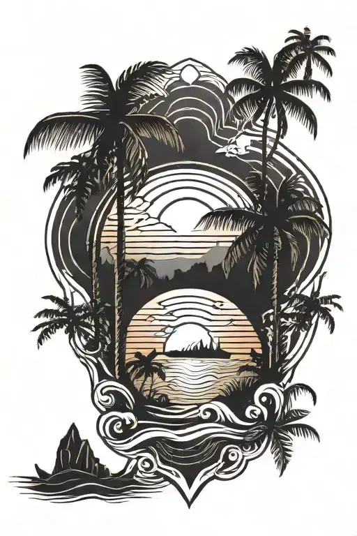 tropical island with palm trees, waves and sunset tattoo design idea