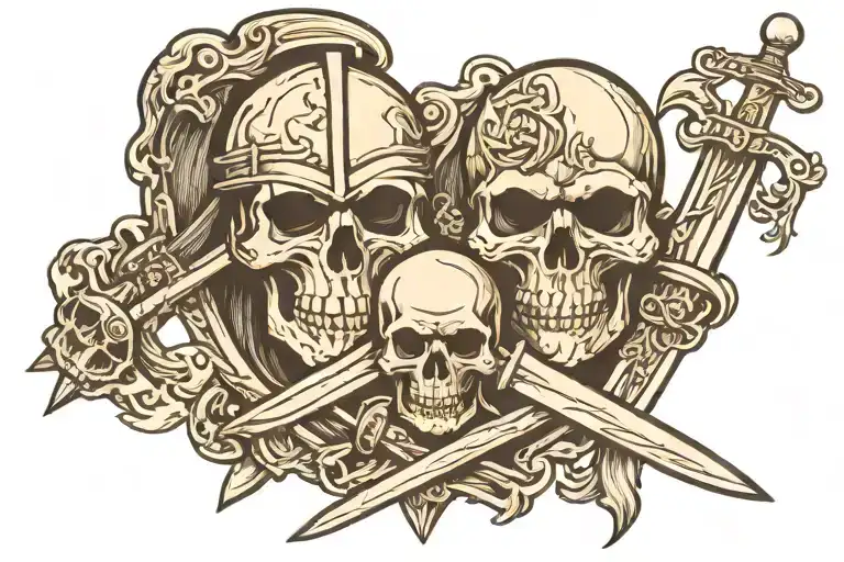 Templat knights kingdom swords skulls facing each other tattoo design idea