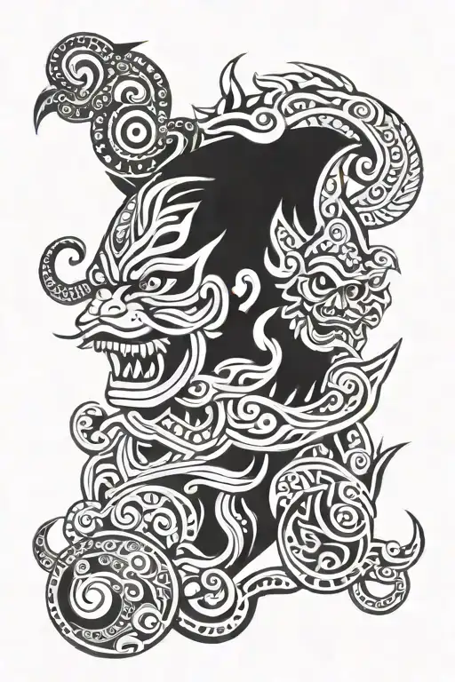 Barong and Rangda full sleeve tattoo design idea