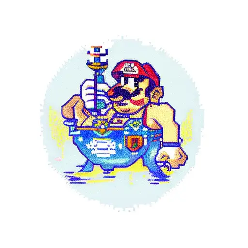 A traditional style tattoo of a pixelated Mario Bros scene with the word 'Hogos' written in retro gaming font tattoo design idea