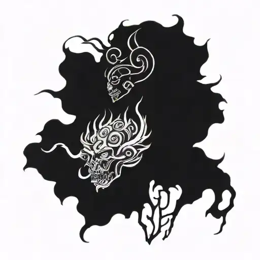 in the smoke silhouettes of sakura, roses and 7 demons tattoo design idea