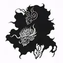 in the smoke silhouettes of sakura, roses and 7 demons tattoo design idea