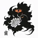 in the smoke silhouettes of sakura, roses and 7 demons tattoo design idea