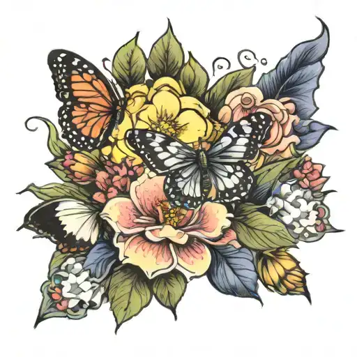 december and may birthday flowers with buttrflies  tattoo design idea