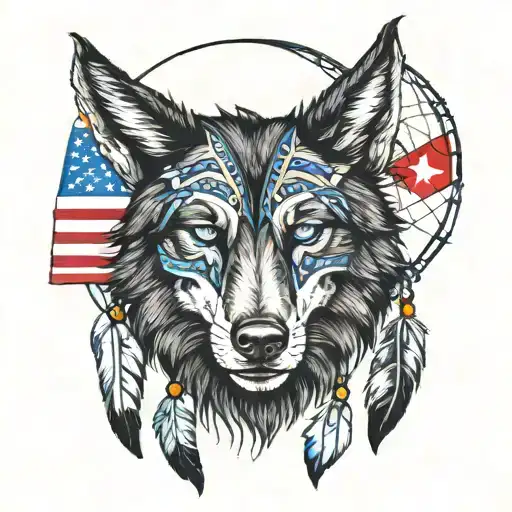 black wolf with blue eyes, dream catcher and Puerto Rican flag tattoo design idea