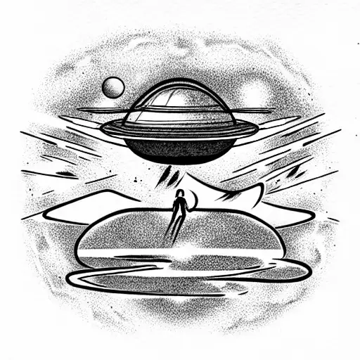 ufo around saturn, space  tattoo design idea