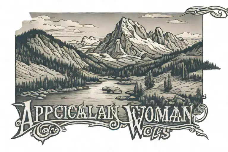 Appalachin Mountain with river and the words "Appalachian Woman, Rocky Mountain Lies" tattoo design idea