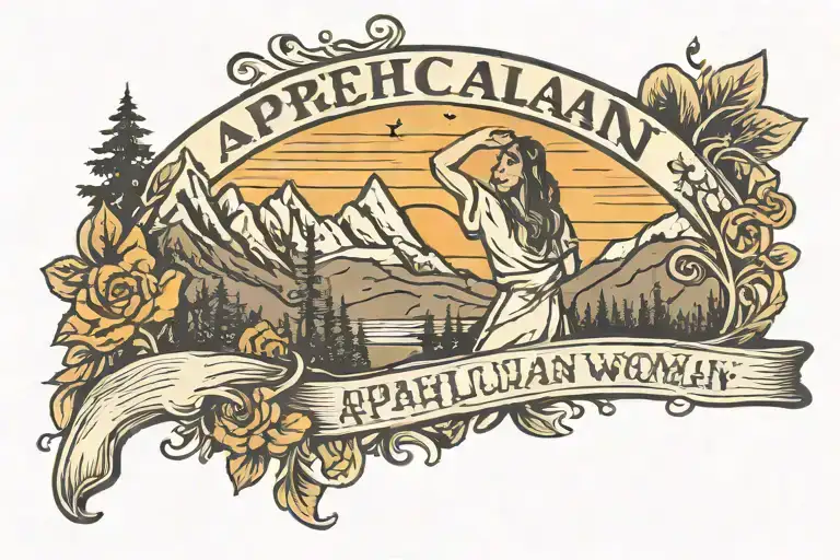 Vintage Appalachin Mountain golden sunset and the words "Appalachian Woman, Rocky Mountain Lies" tattoo design idea