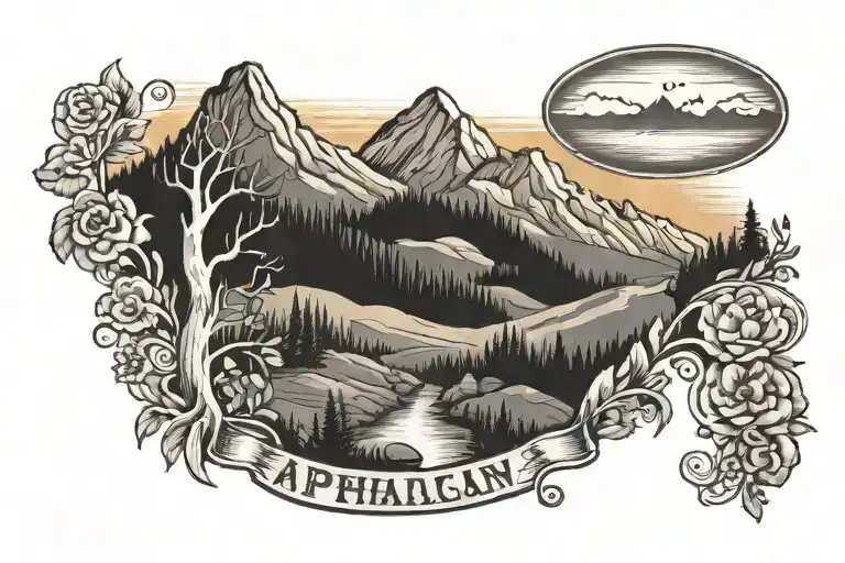 Appalachin Mountain golden sunset and the words "Appalachian Woman, Rocky Mountain Lies" tattoo design idea
