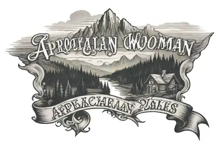 Appalachin Mountain with river and the words "Appalachian Woman, Rocky Mountain Lies" tattoo design idea