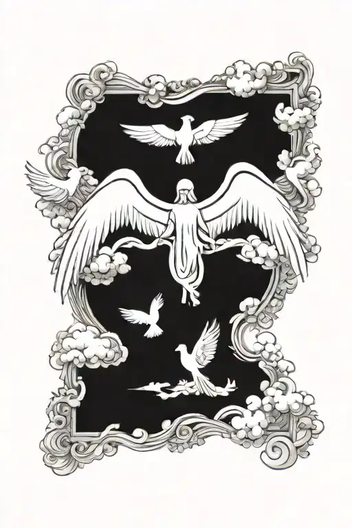 guardian Angel, doves flying, clouds surrounding tattoo design idea