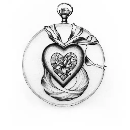 heart shaped pocket watch time 3pm, infant handprint, gladiolus on the side tattoo design idea
