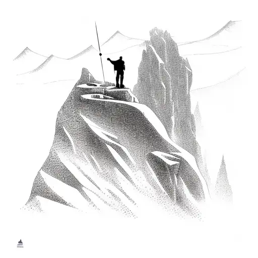 A hiker standing on a mountain peak with a Formula One car racing in the background tattoo design idea