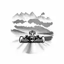 Formula One car racing through a mountain range tattoo design idea