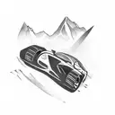 Formula One car racing through a mountain range tattoo design idea