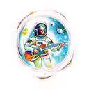 astronaut playing guitar in space bright colour  tattoo design idea