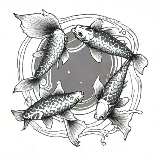 pencil drawing of two koi carp swimming together, one small and one large. a shared spot on their backs, they swim insid tattoo design idea