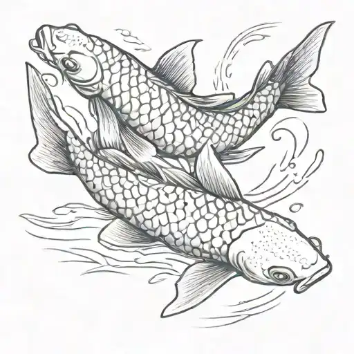 pencil drawing of two koi carp swimming together, one small and one large. a shared spot on their backs, they swim insid tattoo design idea