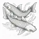 pencil drawing of two koi carp swimming together, one small and one large. a shared spot on their backs, they swim insid tattoo design idea