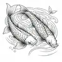 pencil drawing of two koi carp swimming together, one small and one large. a shared spot on their backs, they swim insid tattoo design idea