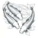 pencil drawing of two koi carp swimming together, one small and one large. a shared spot on their backs, they swim insid tattoo design idea