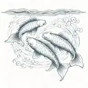 pencil drawing of two koi carp swimming together, one small and one large. a shared spot on their backs, they swim insid tattoo design idea