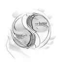 woman's passionate eyes, hand holding baseball that looks like yin and Yang with the seams  tattoo design idea