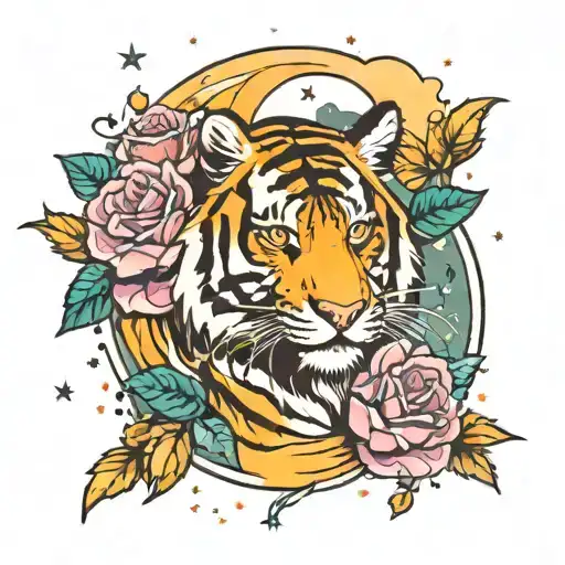 tiger roses moon and stars tattoo design idea