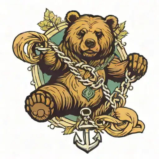 bear and anchor and chain with forest and nautical map  tattoo design idea