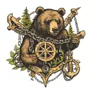 bear and anchor and chain with forest and nautical map  tattoo design idea