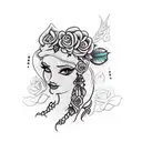 A gypsy woman with traditional roses in her hair, wearing hair accessories and ear hoops, with a dagger hanging from her neck necklace tattoo design idea