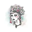 A gypsy woman with traditional roses in her hair, wearing hair accessories and ear hoops, with a dagger hanging from her neck necklace tattoo design idea