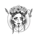 A gypsy woman with traditional roses in her hair, wearing hair accessories and ear hoops, with a dagger hanging from her neck necklace tattoo design idea