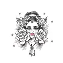 A gypsy woman with traditional roses in her hair, wearing hair accessories and ear hoops, with a dagger hanging from her neck necklace tattoo design idea
