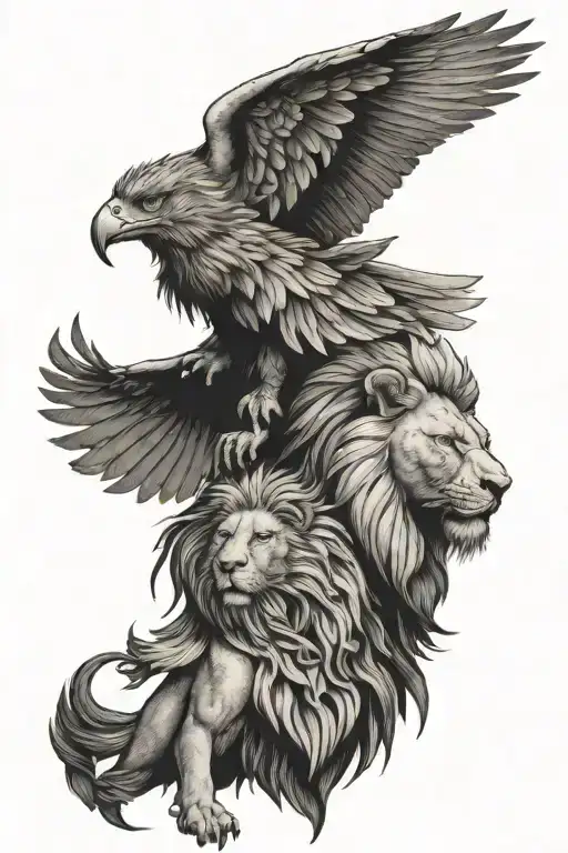 lion and eagle facing opposite directions  tattoo design idea